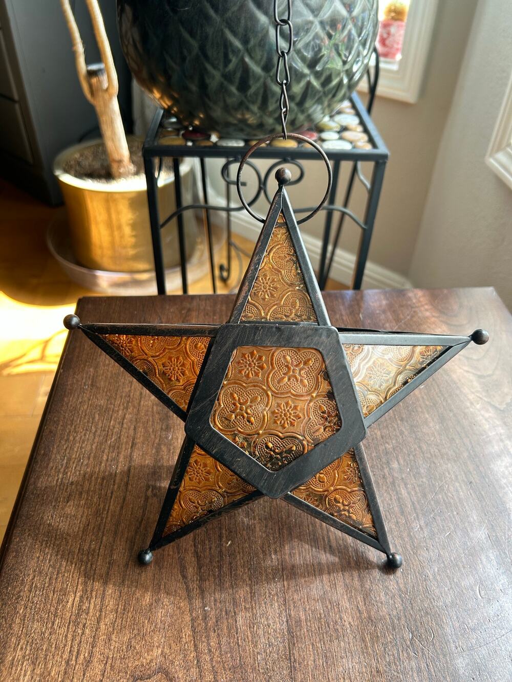 Amber Stained Glass Metal Star Tea Light Candle Holder 9” tall Holiday NIB